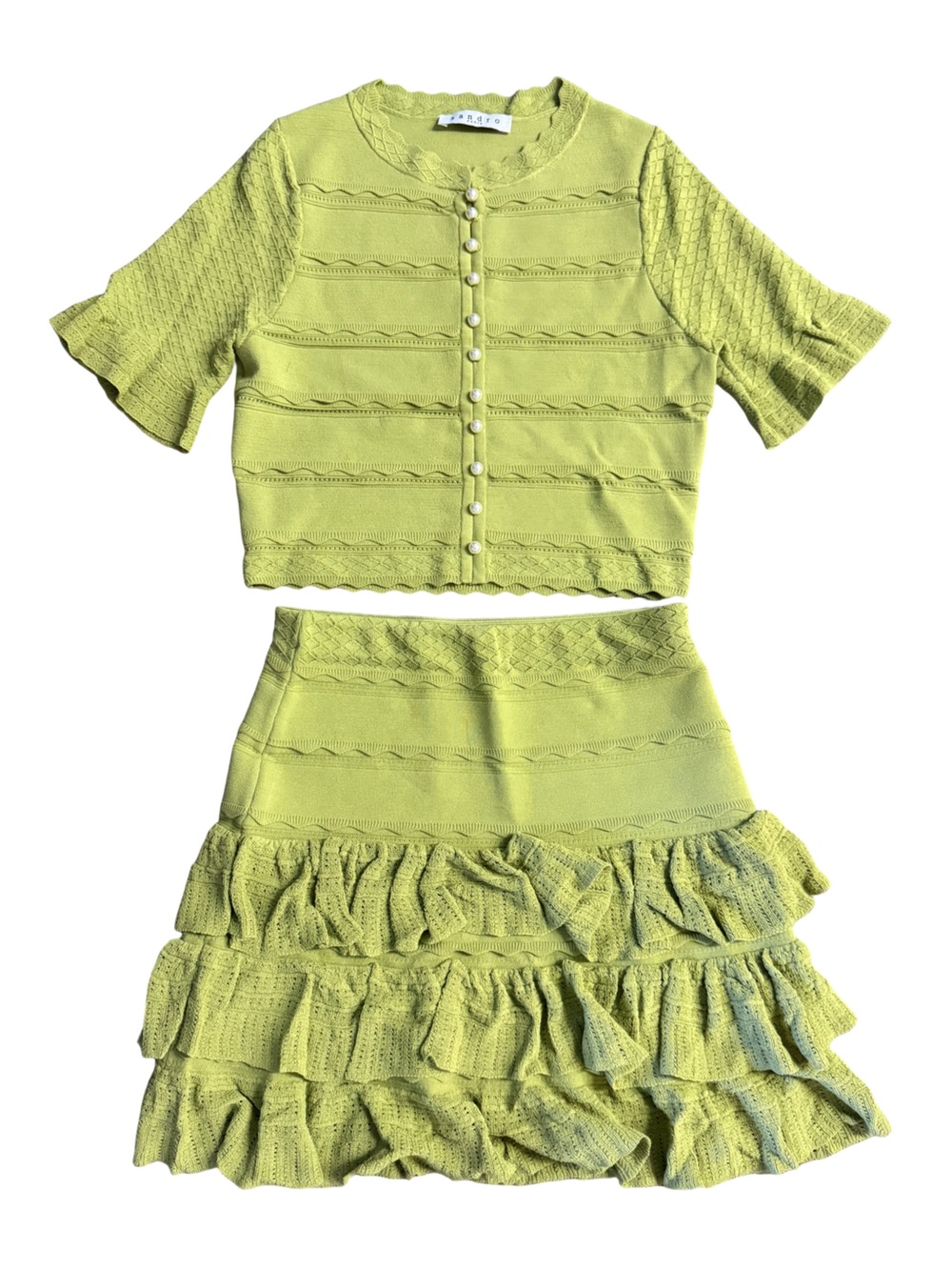 Sandro Lime Green Knit Short-Sleeve Cardigan Top and Skirt Set - MSRP $640 NwoT